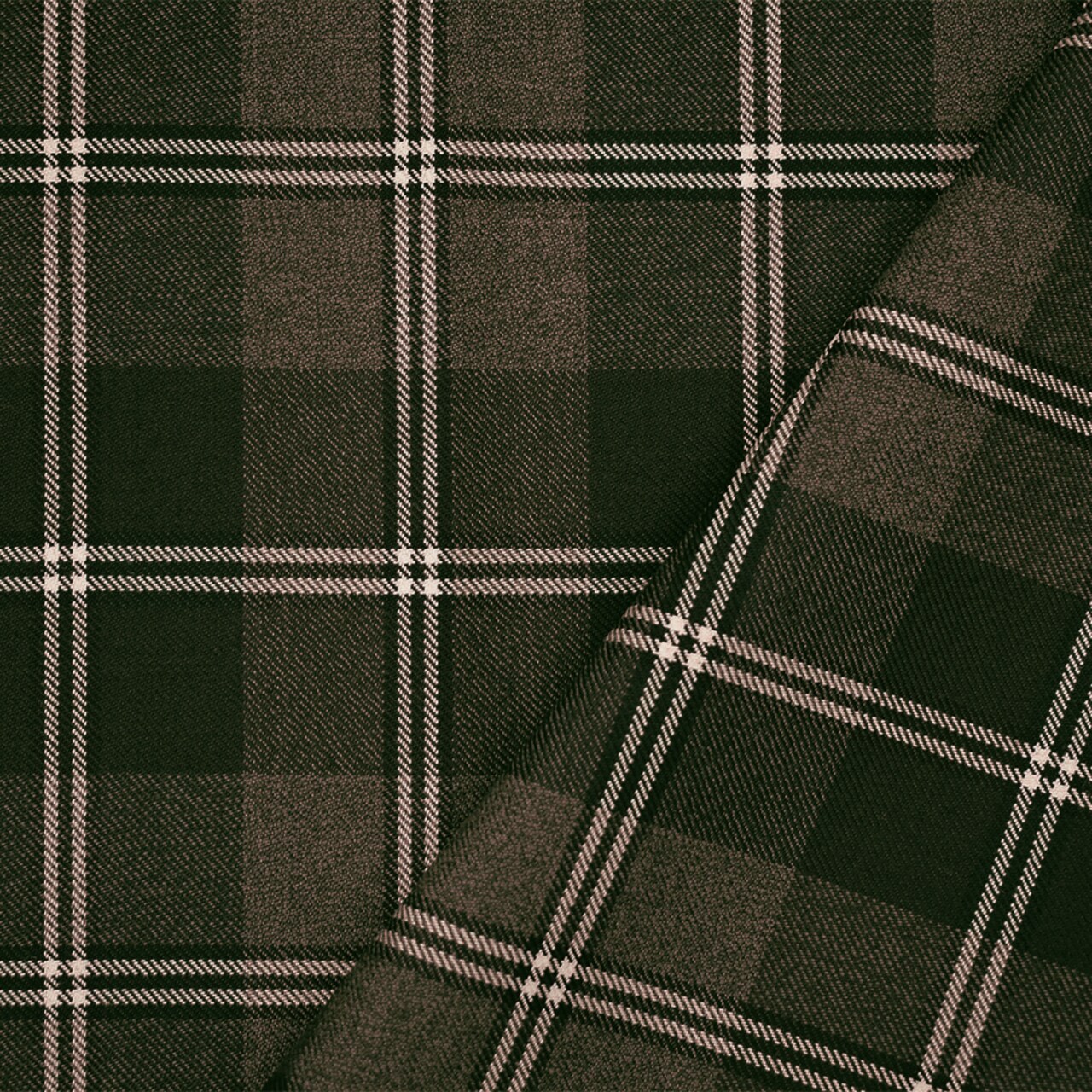 Brown-Black-White Wool Poly Plaid Woven Twill Suiting Fabric By the Yard